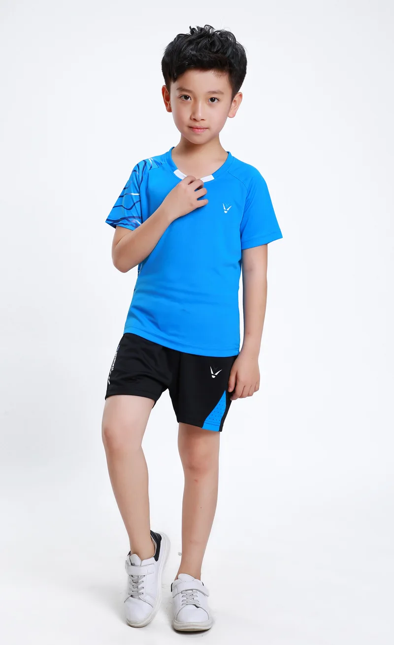Летний детский костюм с рубашкой для бадминтона, быстросохнущая дышащая футболка из полиэстера, детские спортивные шорты из Джерси для настольного тенниса - Цвет: Blue