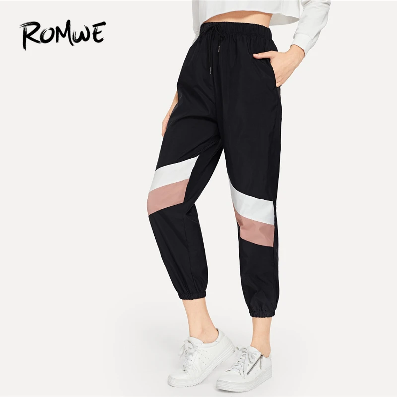 

ROMWE Black Drawstring Waist Colorblock Pants Women Casual Autumn Mid Waist Bottoms Sweatpants Female Sports Trousers