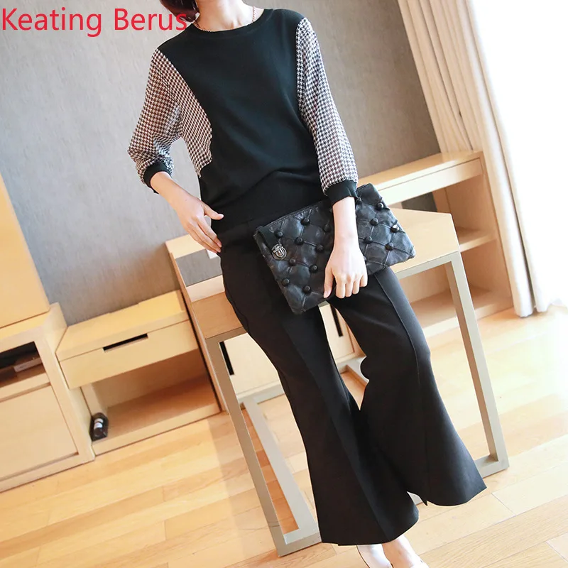 

Spring women's sweater loose hooded fashion round neck plaid cropped sleeves Korean blouse 0814