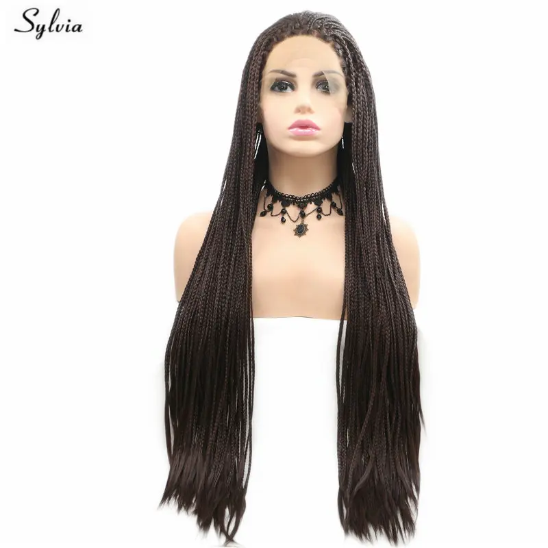 Sylvia Glueless Плетеный Искусственные парики длинные парик из натуральных прямых волос коричневый парик для леди термостойкие волокно
