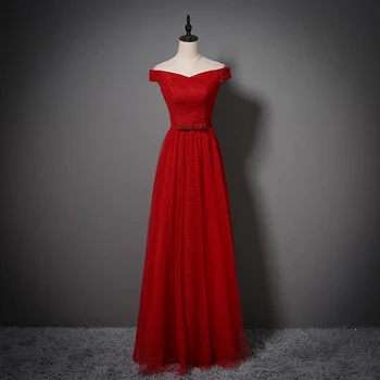 

Red Evening Dresses 2020 New Plus Size Tulle small Bow Long Formal Dresses Boat Neck Lace Up Cap Sleeves Robe De Soiree