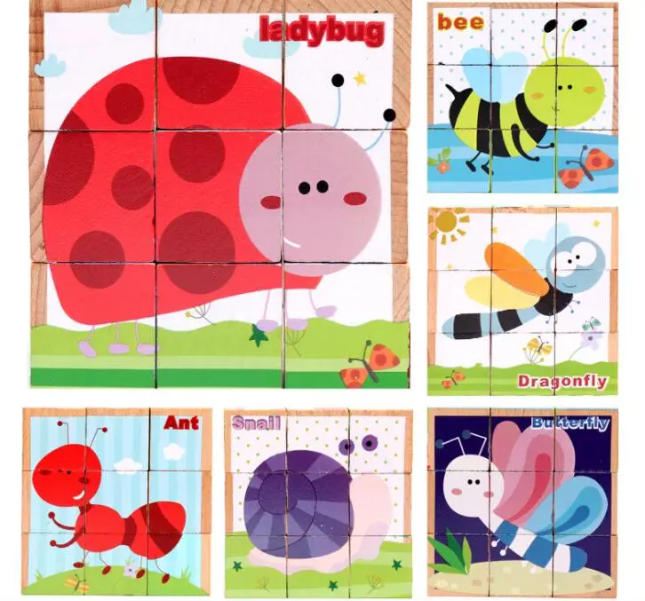 Деревянные Мультяшные животные из бука, игрушки-головоломки, 9 шт., одиночные 6 сторон, головоломка, пазл ранний, обучающие игрушки для детей - Цвет: insect