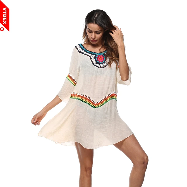 2018 Loose Beach Dress VTDEX Women Sun Protection Swimwear Shirts Embroidered O-Neck Soft Lady Cover Up De Plage Beach Cardigan 1