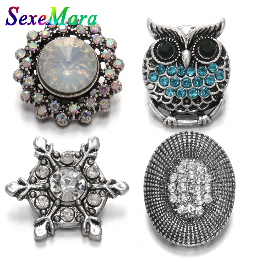 

6pcs/lot New Multi Style Crystal Owl Flower Metal Snap Button Fit 18mm 20mm Snap Bracelets Bangles Women Snaps Jewelry
