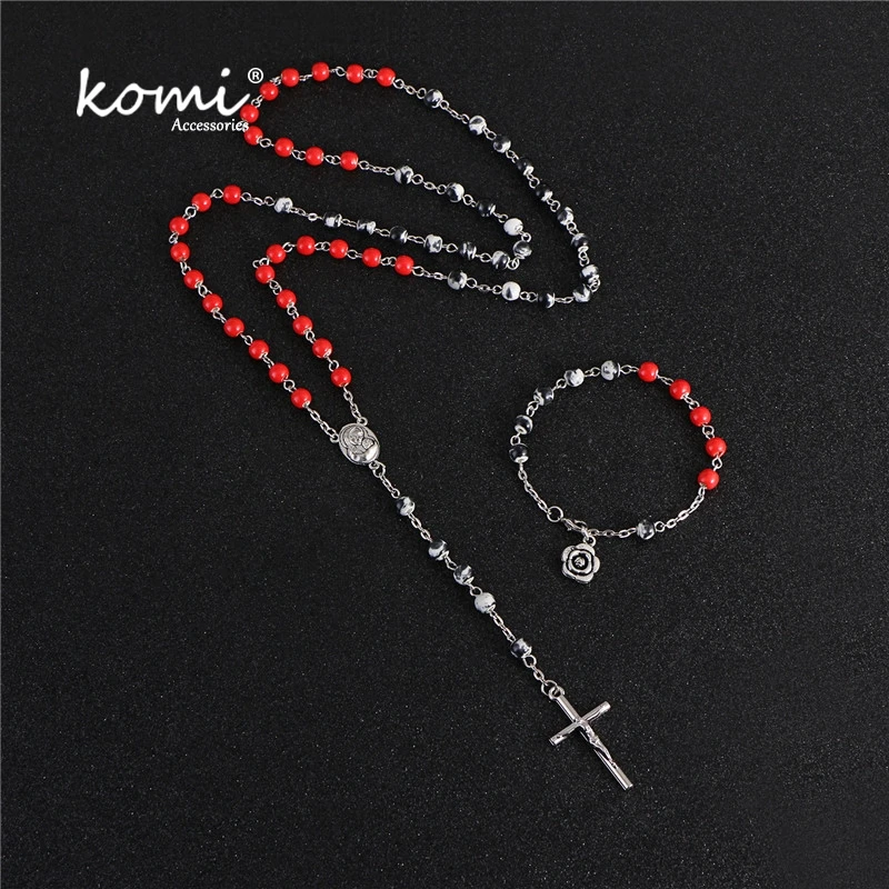 

KOMi New Design Colorful 5mm Stone Bead Necklace Bracelet Set Religious Catholicism Rosary Cross Pendant Jewelry Gift R-138