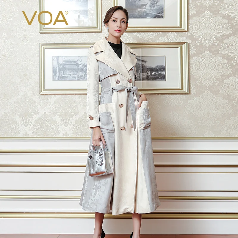 

VOA 2017 Autumn Plus Size Elegant Classic Beige Patchwork Belt Trench Coat High Quality Luxury Silk Jacquard Women Coat FLX00801