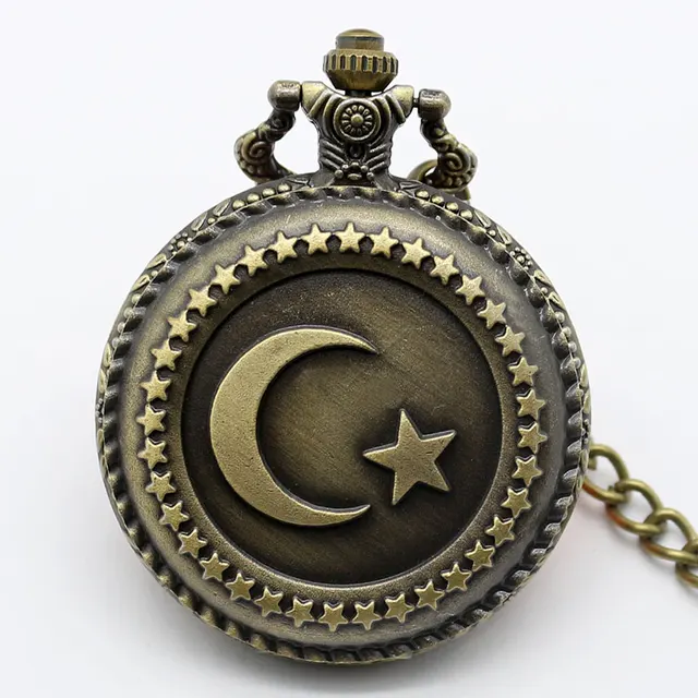 Antique Bronze Turkish Flag Design Moon and Star Theme Quartz Pocket Watch With Antique Bronze Turkish Flag Design Moon and Star Theme Quartz Pocket Watch With