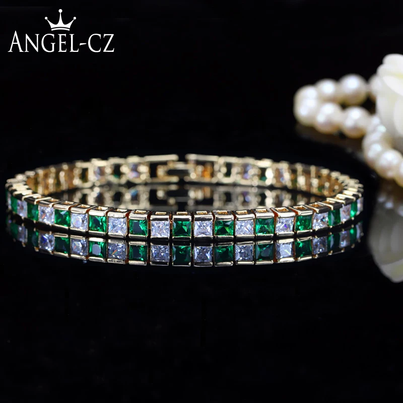 ANGELCZ классический квадратный искусственный изумруд камни золотой цвет простой теннисный браслет для женщин Зеленая кубическая циркониевая бижутерия AB036