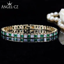 ANGELCZ классический квадратный искусственный изумруд камни золотой цвет простой теннисный браслет для женщин Зеленая кубическая циркониевая бижутерия AB036