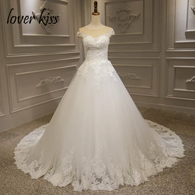 

Lover Kiss Vestido De Noiva 2019 Illusion Tulle Wedding Dresses Wedding Gown Cap Sleeves Pearls Lace Up Bridal Marriage gelinlik