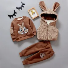Зимний плотный Теплый Бархатный комплект одежды из 3 предметов для маленьких мальчиков и девочек, ФЛИСОВАЯ ФУТБОЛКА С изображением кролика+ жилет+ штаны, детский спортивный костюм