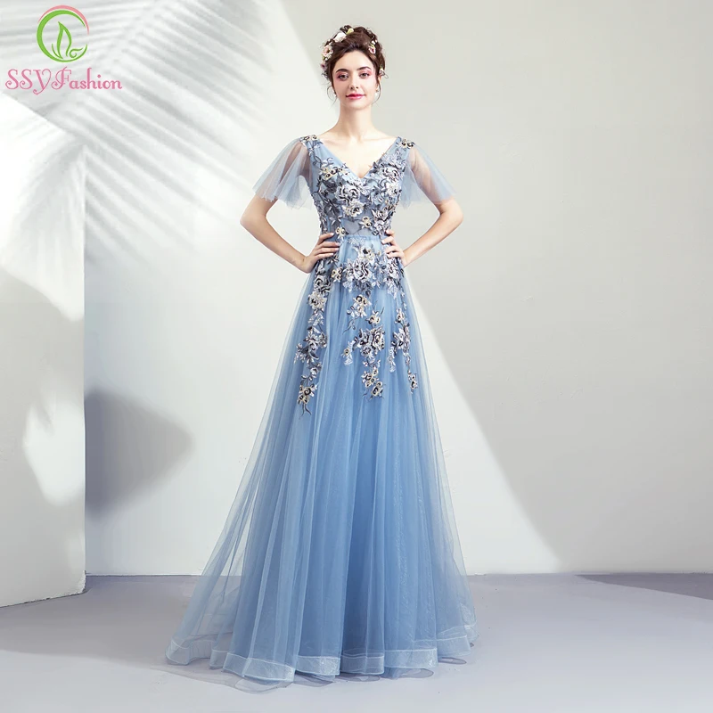 SSYFashion 2019 Новое Элегантное серое синее вечернее платье халат De Soiree с v-образным вырезом роскошная кружевная вышивка в пол Формальное