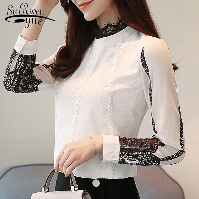 

Fashion Women Blouses 2019 Long Sleeve Shirt Women solid white Chiffon Blouse Autumn Lace Chiffon Blouse Shirt Blusas 1109 40