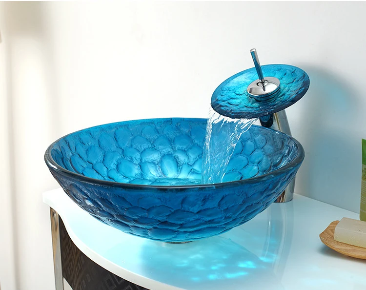 Tempered glass, hand wash basin, bathroom, blue Mediterranean series