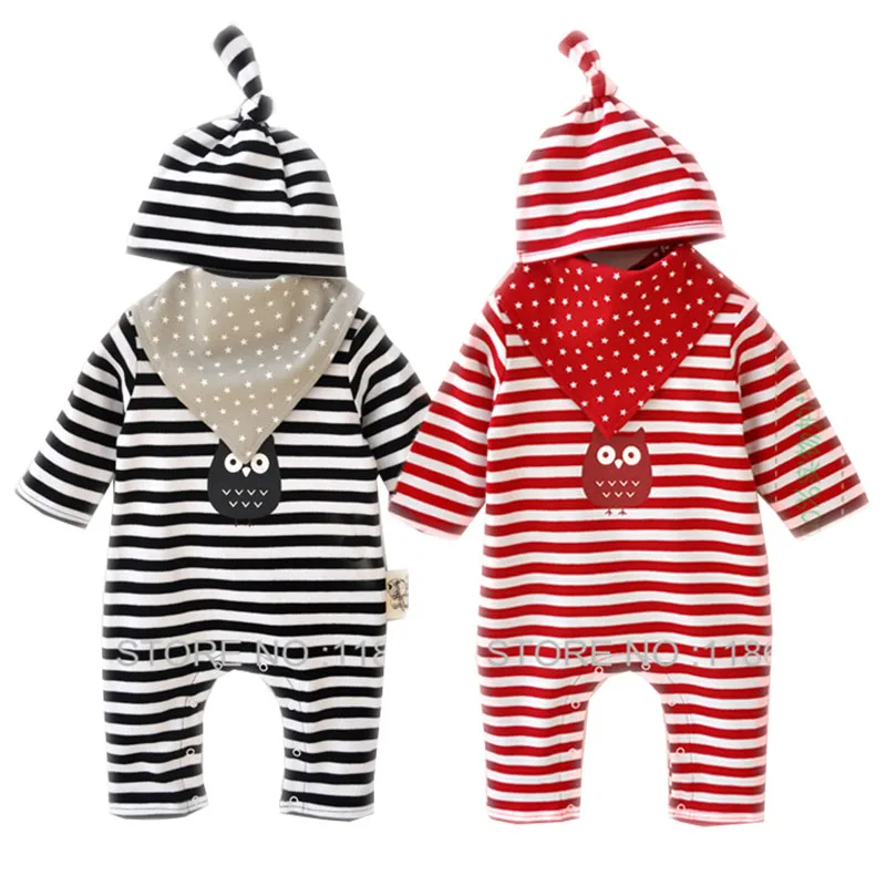 Baby Rompers Set 3pcs New Born Baby Clothes Suit Hat Bib Romper Infant Boys Girls Stripe