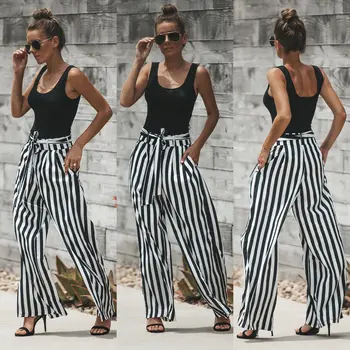 

Newly Summer Fashion Casual Women Ladies Wide Leg Pants Long High Waist Loose Striped Pants Include Sashes