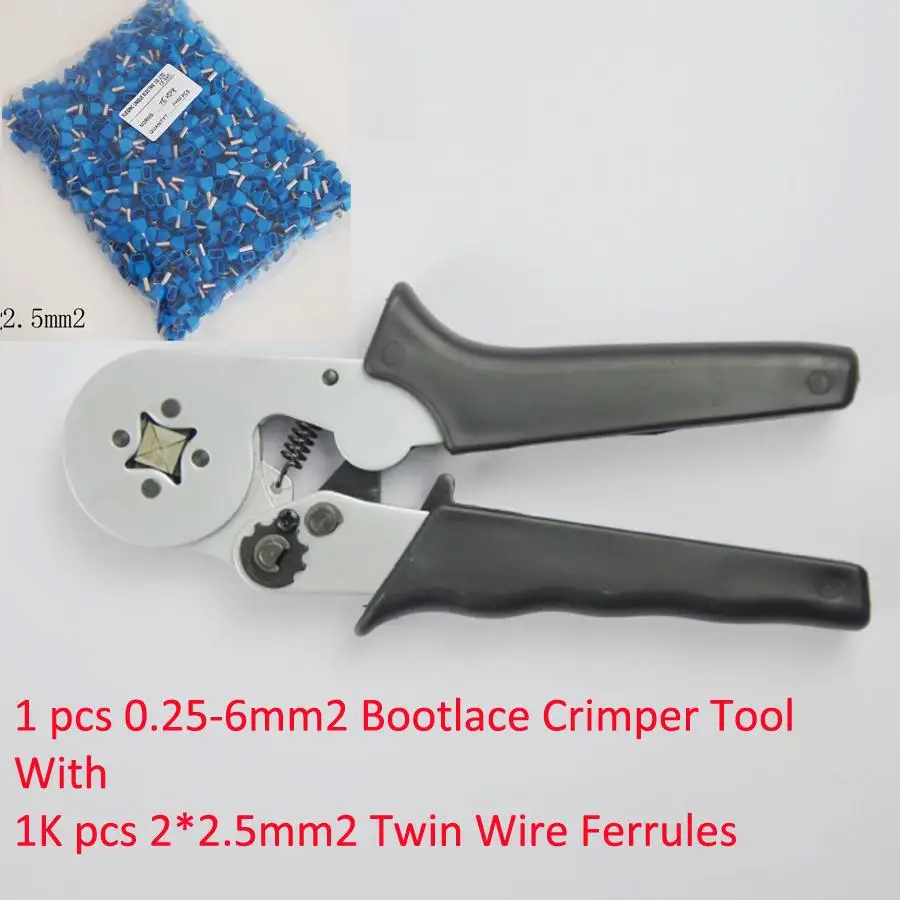 

HSC8-6-4B 0.25-6mm2 Crimping Tool Bootlace Ferrule Crimper and 1K 2*2.5mm2 Blue TE2508 PVC Insulated Bootlace Wire Ferrules