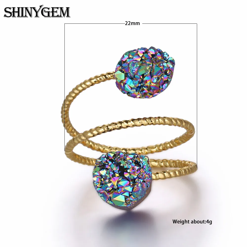 5Pcs Trendy Natural Double Stone Crystal Jewelry 24k Gold Plating Wire Wrapped Sparkly AB Titanium Druzy Ring For Women