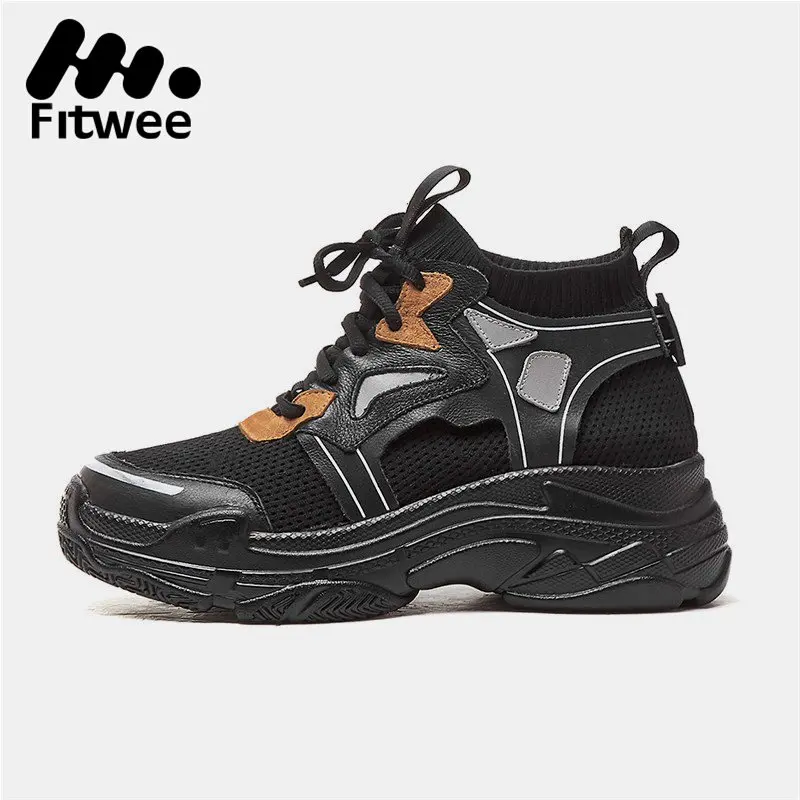 

FitWee Women Walking Shoes Real Leather Breathable Mesh Sneakers Platform Heels Non-Slip Lightweight Mujer Zapatos Size 34-39