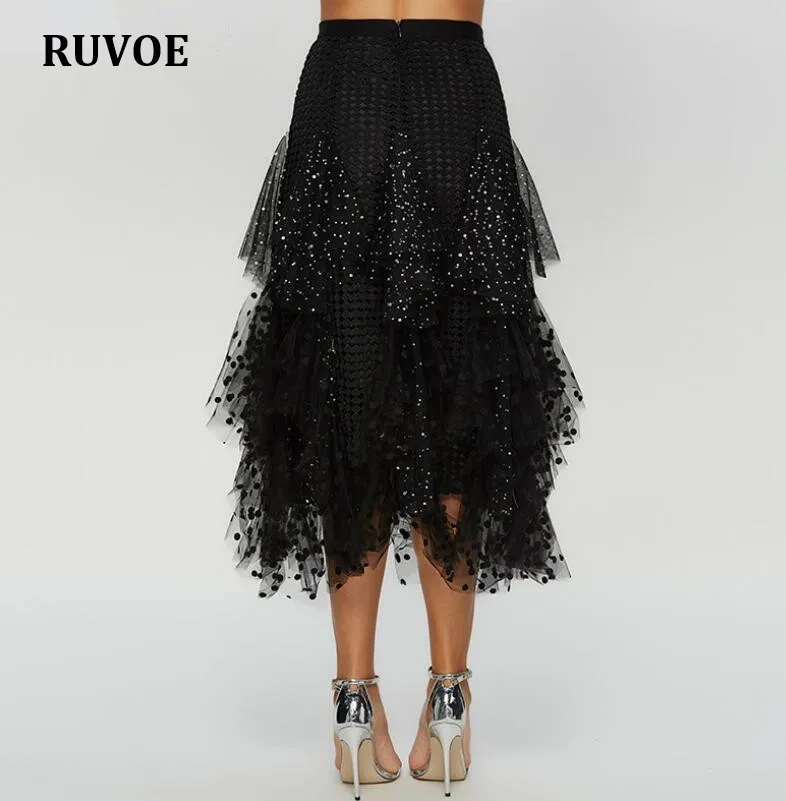 

New Spring Summer Female Sequined Stars Lace Skirts Women's Black White Irregular Mesh Pleated Skirt OL Office Lady Skirt SP-55