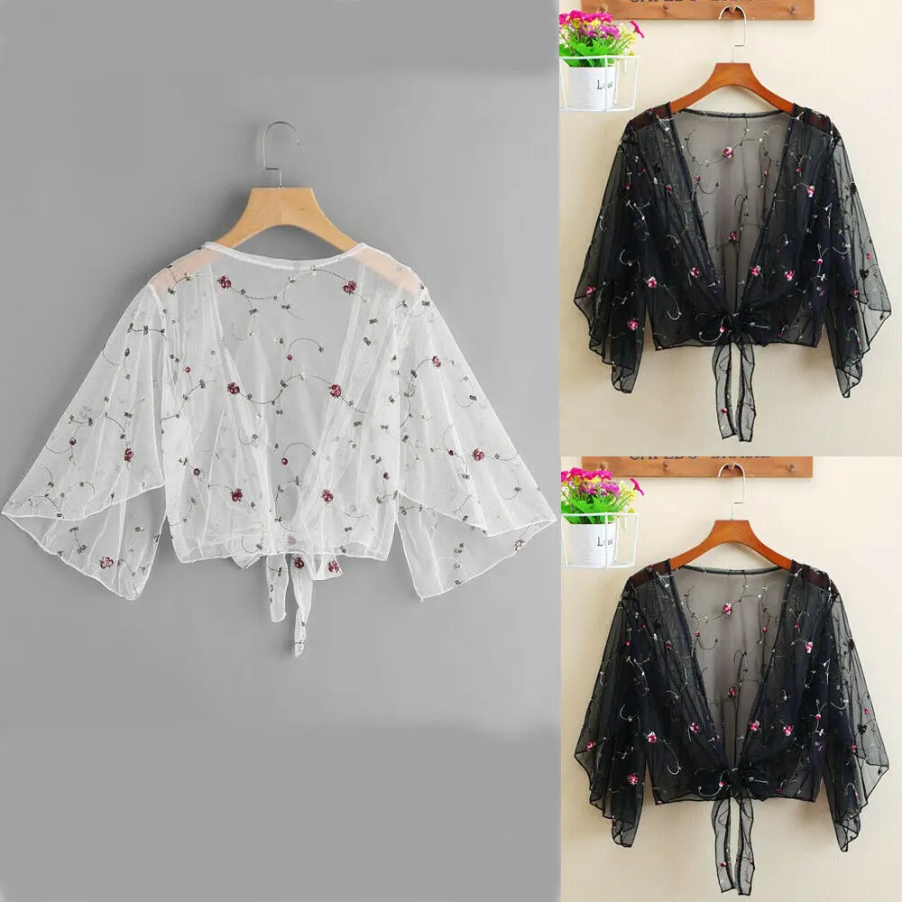 

2019 New Women's Floral Mesh Bikini Covers Cardigan Breathable Summer Thin Jacket Coat Loose Lace Tops Fashion Beach Cover Up