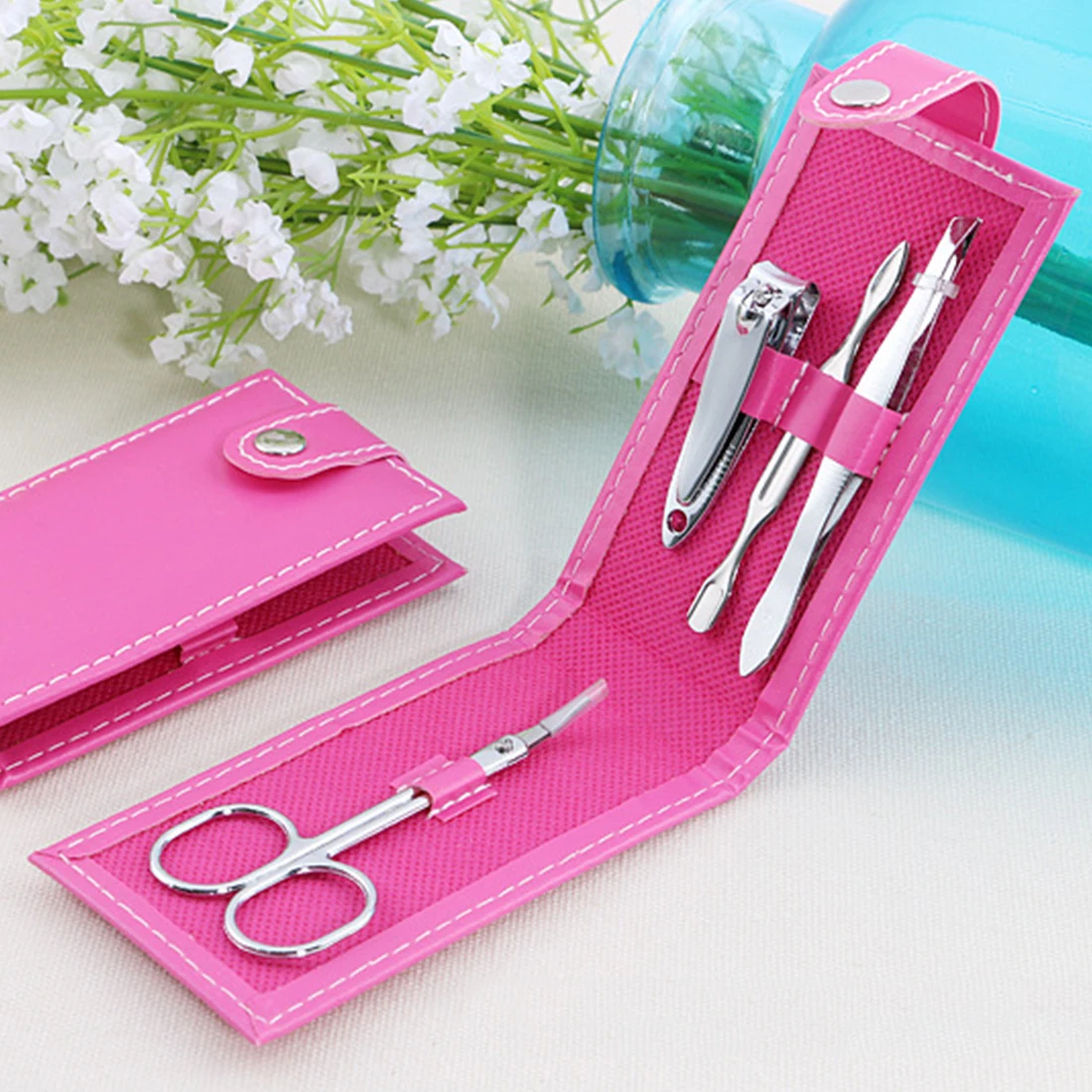 

Good 4Pcs/set Nail Clippers Scissors File Tweezers With PU Case Mini Nail Manicure Tool Set High Quality Nail Care Kits
