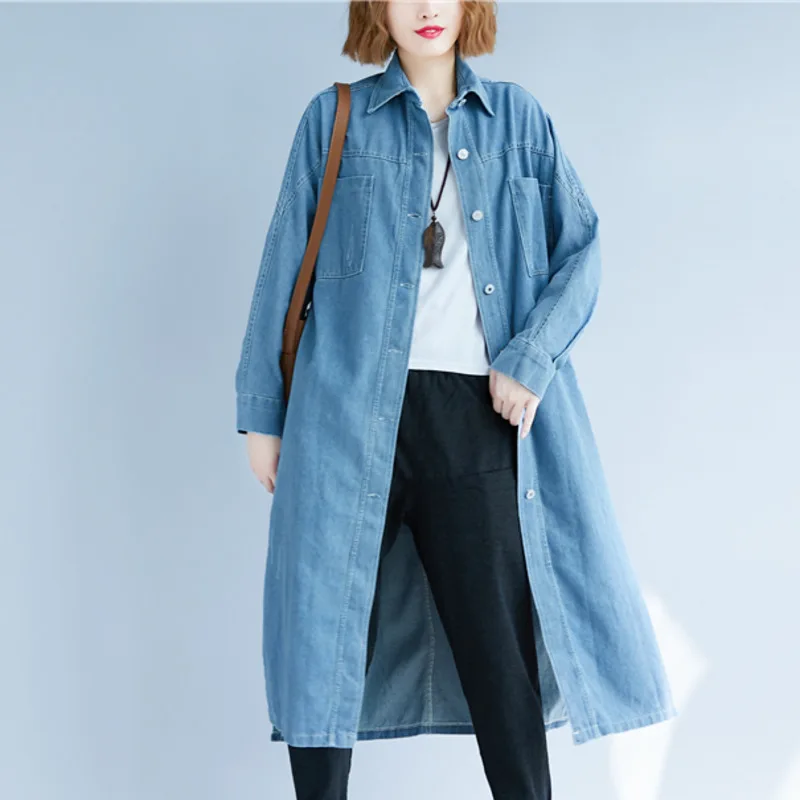 

#5740 Autumn 2018 Loose Denim Shirt Women Vintage Lapel Collar Oversize Side Split Cardigan Cowboy Long Shirt Female Large Size