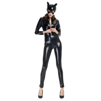Sexy Ladies Catwoman PVC Leather Zipper Wetlook Catsuit with Head Mask Clubwear Fancy Dress Role Play Fetish Costume M to XXL
