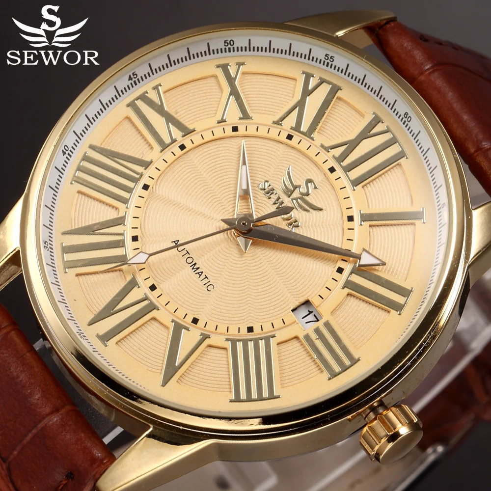 

Brand SEWOR Gold Designer Male Automatic Mechanical Watch Men wristwatches Leather Strap relogio masculino Date men's watches