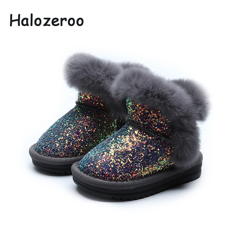 

Halozeroo New Winter Baby Girl Fur Snow Boots Children Glitter Boots Toddler Soft Warm Shoes Kid Boy Sequin Brand Black Boots