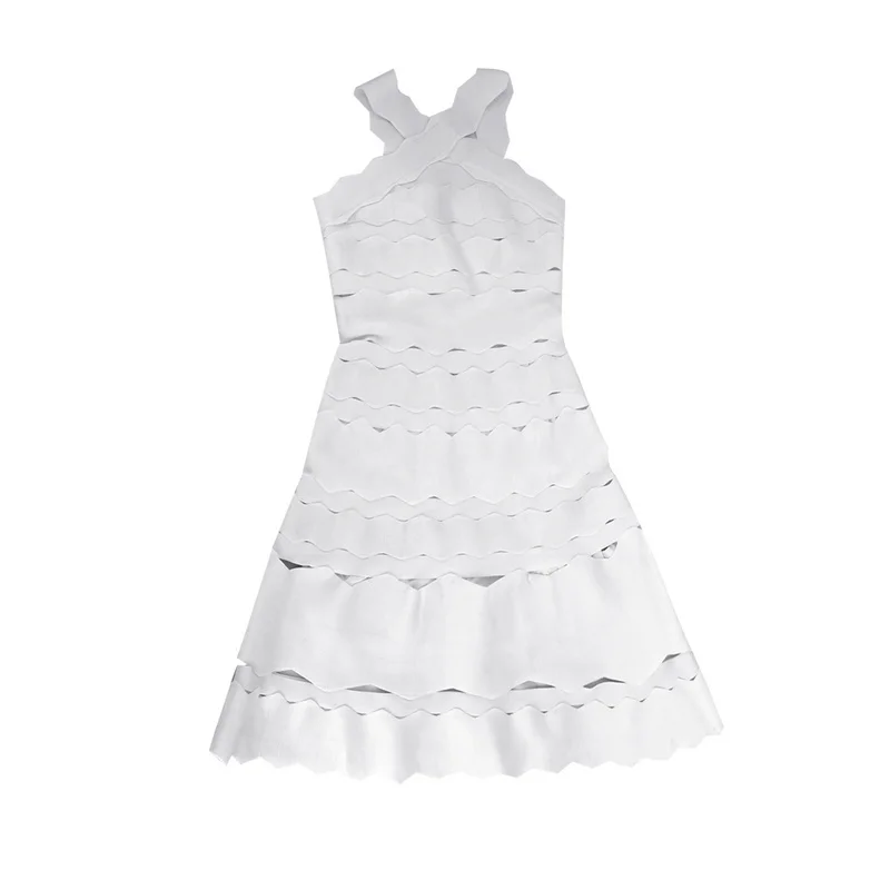 Высококачественное белое Полосатое вискозное обвязанное платье без рукавов вечернее платье-трапеция