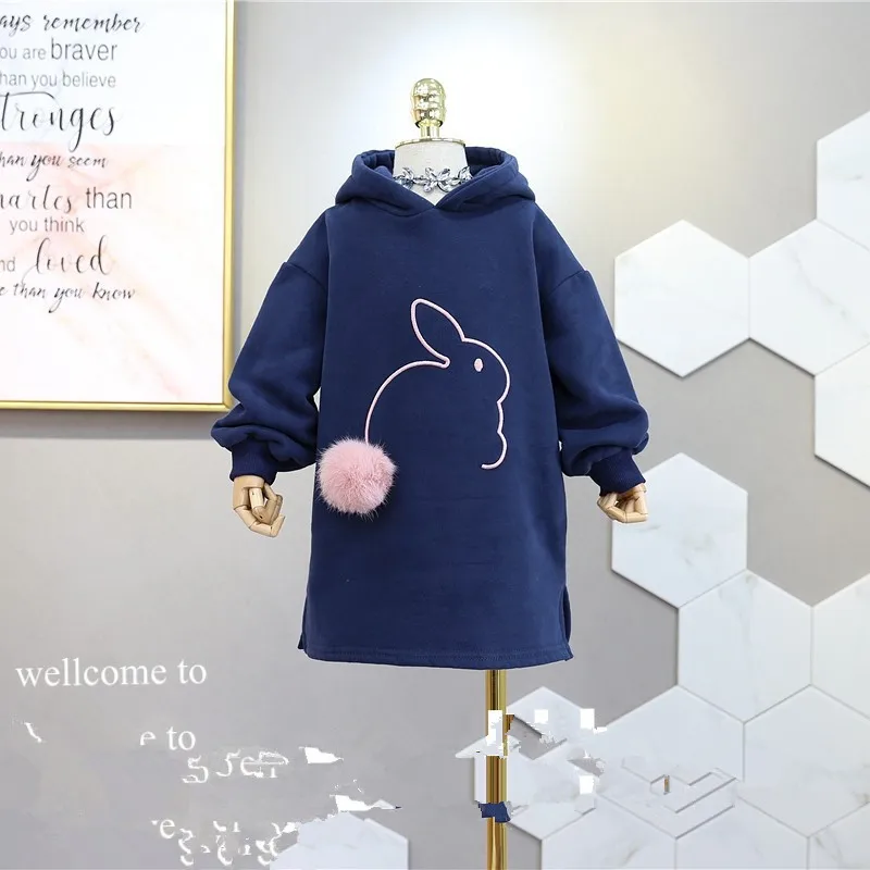 Детские платья для девочек, утепленная толстовка с капюшоном, платье Модная одежда с помпонами и кроликом повседневная одежда платье для малышей 2, 3, 4, 5, 6 лет