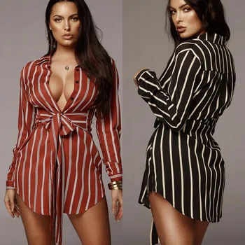 

Summer Streetwear New Fashion Bow Sashes Full-sleeves High Waist Sexy Deep V-neck Striped Shirt Dress 2 Colors YZ1074 Loose