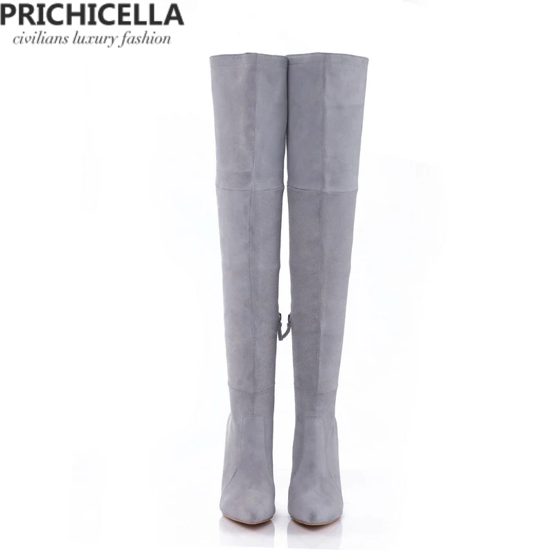 PRICHICELLA 8 см 10 см серый натуральная кожа сапоги выше колена высокие ботинки size34-42