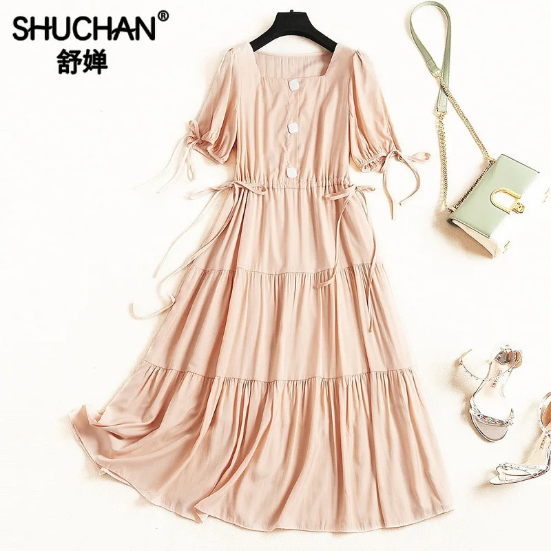 

Shuchan Retro Dress Vestidos Largos De Verano Mid-Calf Vintage A-Line Square Collar Dresses Women's Leisure Clothing 11772