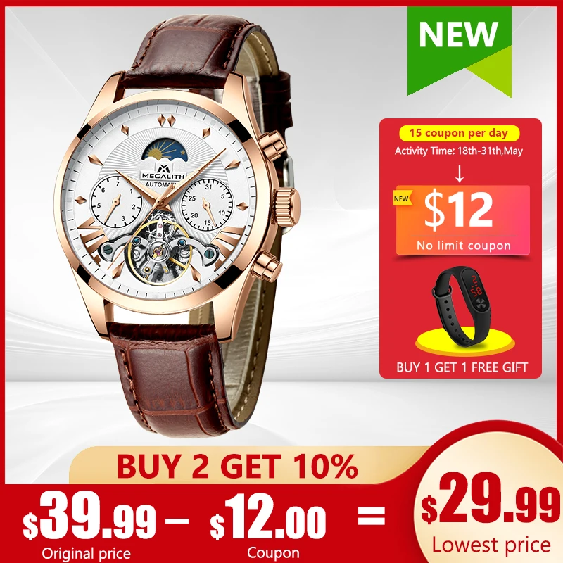 

MEGALITH Men's Automatic Mechanical Watches Tourbillon Leather Casual Business Retro Watches Men Sport Wristwatch Relojes Hombre
