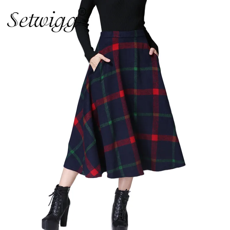 SETWIGG Womens Autumn Wool Blend Plaid Long Flare Pleated Skirts with Pockets Checked Cashmere