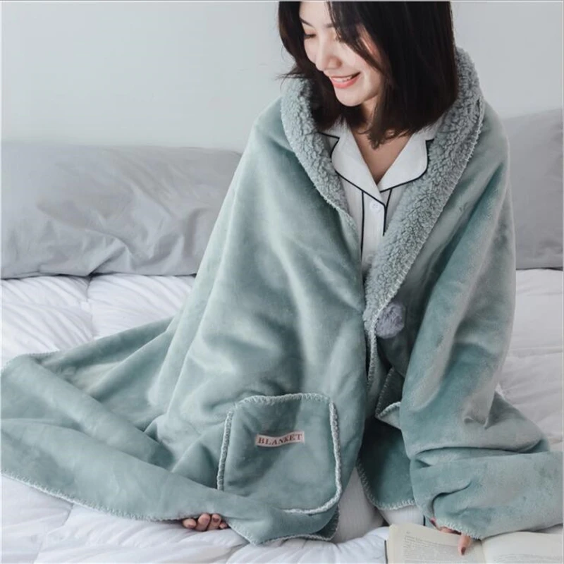 

Office Multi -Function Lazy Person Shawl Blanket Thickening Thermal Lamb Fleece Composite Blanket Cloak Plane Travel Blanket