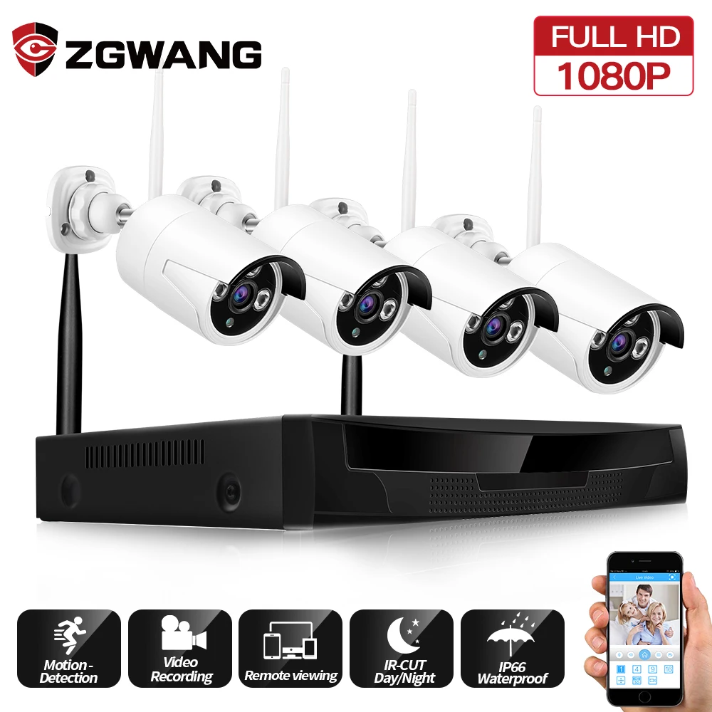 ZGWANG 1080P FULL HD 4CH NVR KITS 2MP CCTV Camera System Video Recorder Outdoor Night Vision WIFI Surveillance Kits 4 PCS | Безопасность