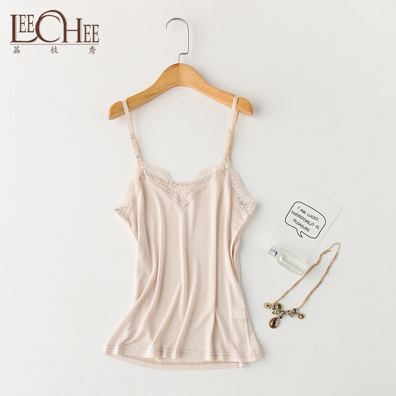 Women's Silk Sling Eyelashes Small Camisole Underwear Girls Summer Light Lace Breathable Natural Silk V-Neck Backless Tracksuit