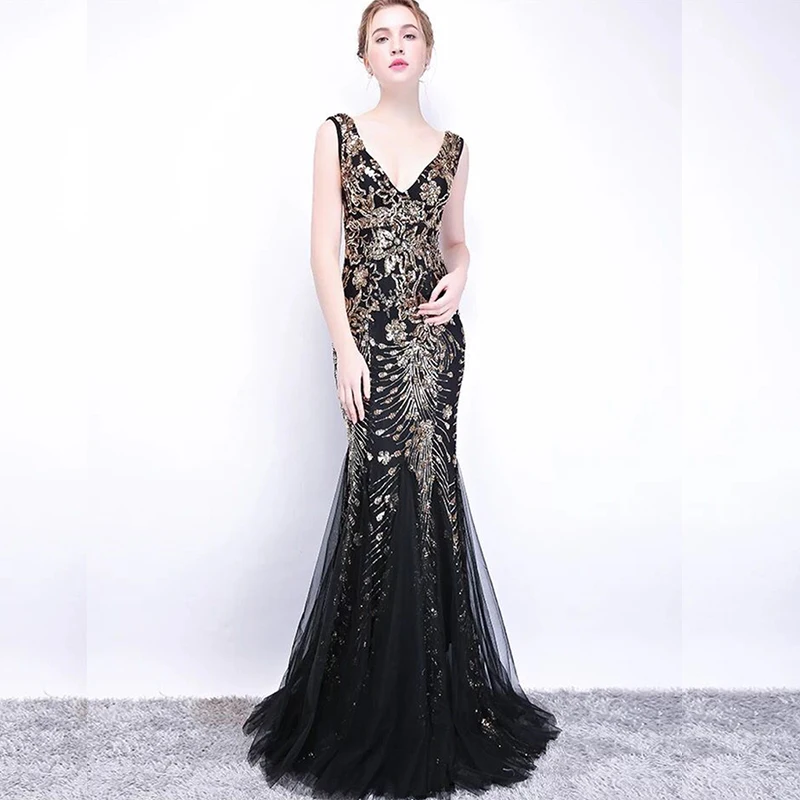 

Long Formal Mermaid Black Vestido De Festa Evening Dresses 2019 Formal Robe De Soiree Longue 2018 with Golden Appliques