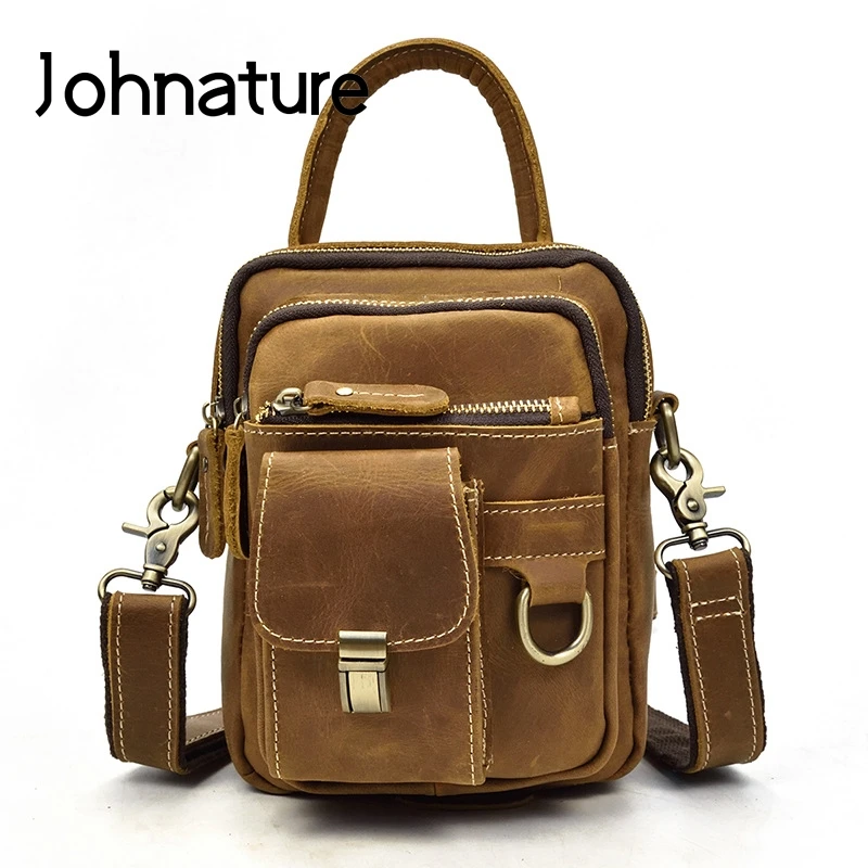 Johnature 2021 New Retro Genuine Leather Zipper &amp Hasp Men Shoulder Handbags Cow Leisure Solid Ipad Mobile Phone Bag |