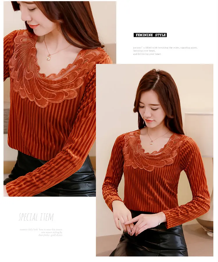 Winter Lace Patchwork Velour Blouse Women Plus Size Tops Ladies Casual Long Sleeve Femme Shirt Autumn Terciopelo Blusas Mujer (6)