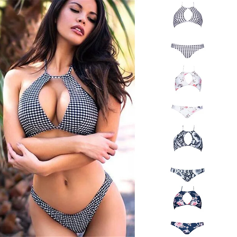 

High Neck Hollow Lattice Bikini Set Sexy Push Up Halter Bikinis 2019 New Summer Swimwear For Women Brazilian Bikini Swimsuit XL