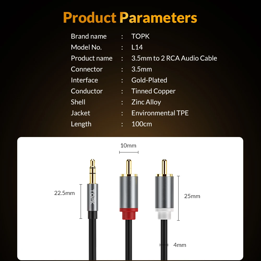 Аудиокабель TOPK с RCA разъемом 2RCA на 3 5 аудиокабель мм AUX кабель для телефона DJ