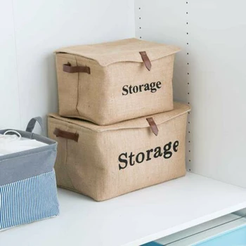 

Collapsible Jute Storage Bin Leather Handle Storage Organizer Basket Storage Box With Lid