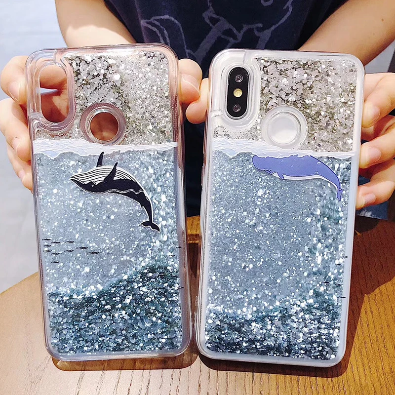 3D Whale Dolphin Glitter Star Cover For Xiaomi Mi 8 5X Mi A1 6X Mix 2S Liquid Quicksand Cases For Xiaomi Redmi 5 plus Note 5 pro