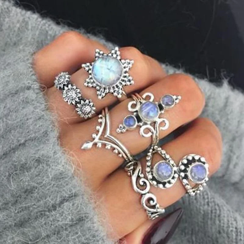 

2019 New Fashion 6pcs/set Silver Blue Opal Zircon Ring Set For Women Ladies Girls Birthday Party Gifts Jewelry Wholesale