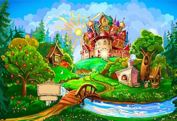 

Vinyl Cartoon Fairyland Backdrop Photography Printed Blue Sky Sun Trees Bridge Baby Kids Castle Backgrounds for Photo Stud