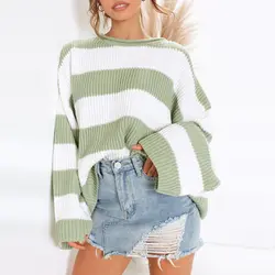 Простой широкий полосатый вязаный свитер женский Круглый Вырез Свободный пуловер женские джемперы Уличная Повседневная Женская свитера и